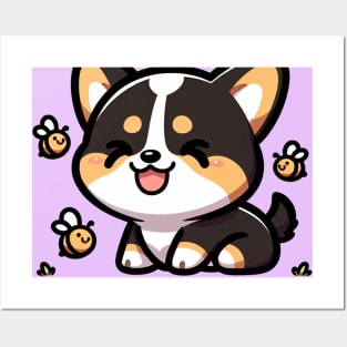 Cute Corgi Tricolor with Tiny Bees Posters and Art